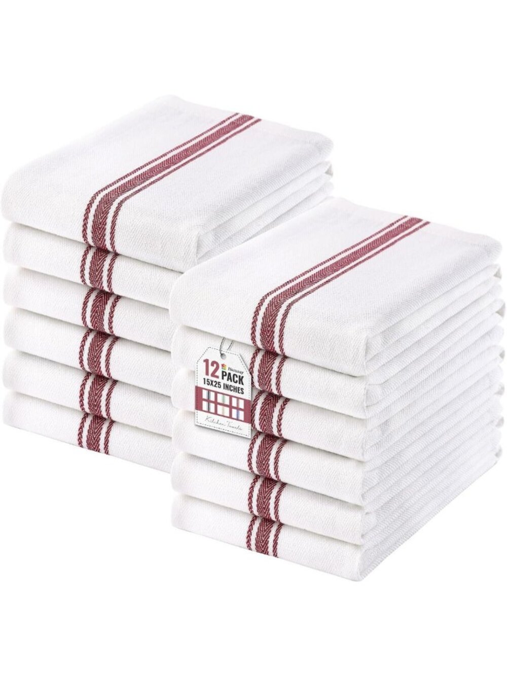 100% Cotton Kitchen Towels Set of 12 - Red Stripe, Absorbent & Durable